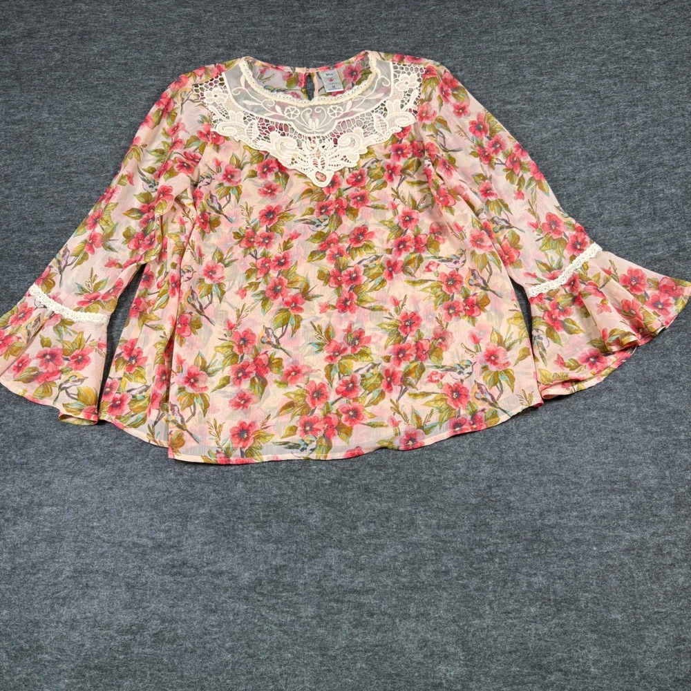 Lauren Conrad Disney Floral Crochet Lace Bell Sleeve Blouse Top M